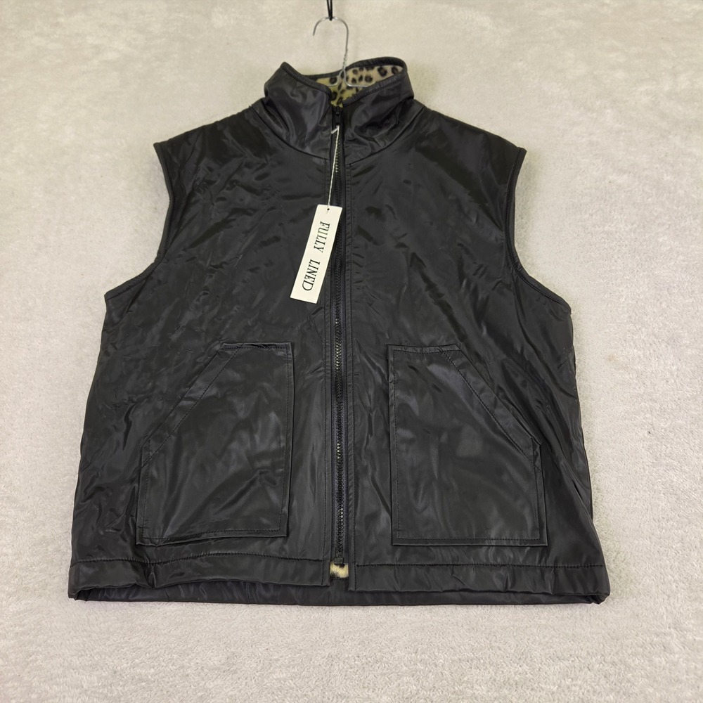 True People Black Puffer Vest Leopard Faux Fur Lined Full Zip Sleeveless Jacket